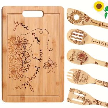 Imagem de Conjunto de 6 peças de tábua de corte de madeira de girassol, charcutaria perfeita e tábuas de servir para decoração de cozinha doméstica, presentes ideais para casamento, aniversário, aniversário de