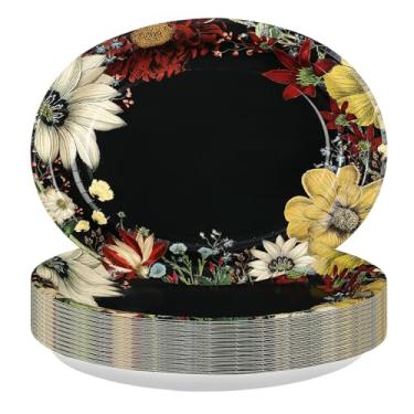 Imagem de Greencian 50 peças de pratos ovais de flores vintage, 25,4 x 30,5 cm, grandes, descartáveis, resistentes, boho, floral, preto, sobremesa, para outono, Natal, aniversário, casamento, almoço, jantar