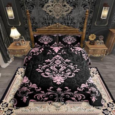Imagem de Erosebridal Conjunto de edredom gótico preto rosa tamanho solteiro, edredom floral damasco boêmio, exótico, gótico, para meninas, adolescentes, mulheres, vitoriano, barroco, conjunto de cama 2 peças