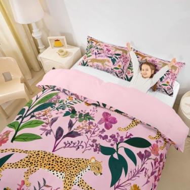 Imagem de Manfei Conjunto de capa de edredom infantil leopardo tamanho queen, guepardo, animal, floral, boho, botânico, folhas de plantas, decoração de quarto de meninas, meninos, rosa, laranja, verde, 2