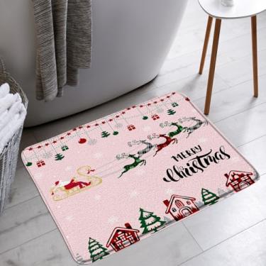 Imagem de Tapete de banho Merry Christmas, vermelho, verde, xadrez, rena, Papai Noel, trenó, floco de neve, inverno, férias, banheiro, banheira, tapetes de chão, capacho, decoração de vaso sanitário, 46 x 76 cm