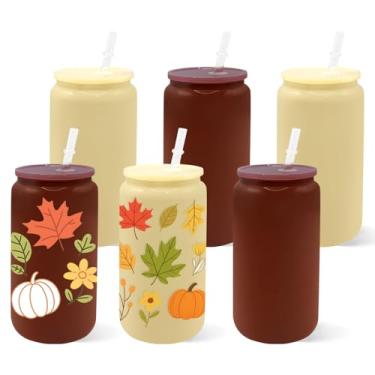 Imagem de 6 peças de copos de vidro com tampas de acrílico e canudos de 473 ml, copos de café gelado para outono, copos retrô, copos de Halloween para presente de festa de Natal, mulheres, homens, presentes de
