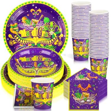 Imagem de Yoande Conjunto de utensílios de mesa para festa de carnaval, 200 peças, inclui pratos de papel, pratos de sobremesa, copos e guardanapos, decorações de baile de máscaras para 50 convidados