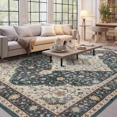 Imagem de Brevonox Tapete de área para sala de estar – Tapete lavável vintage para quarto, sala de jantar, tapete antiderrapante, tapete floral macio de baixa película, tapete de escritório (azul preto/multi