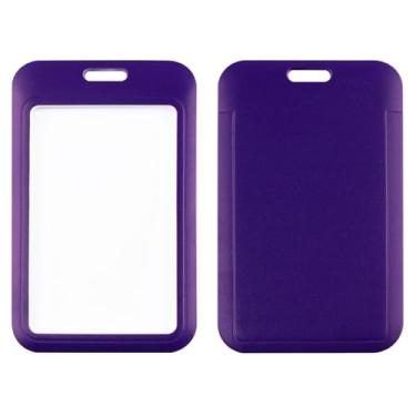 Imagem de BKBKAAK Pacote com 2 porta-cartões roxos, porta-crachás de identificação de plástico transparente, compartimento superior para cordão e chaveiro, capa de cartão de PVC reutilizável para trabalho
