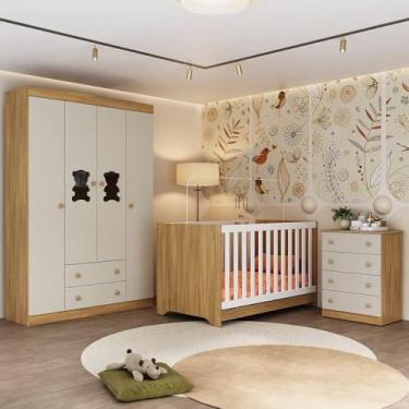 Imagem de Quarto de Bebê Completo com Berço Americano 3 em 1 Teddy Multimóveis Mp4648 Madeirado/off White