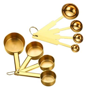 Imagem de Conjunto de 8 peças de colheres medidoras de ouro, aço inoxidável 430 aninhamento, cozimento seco e líquido inclui
