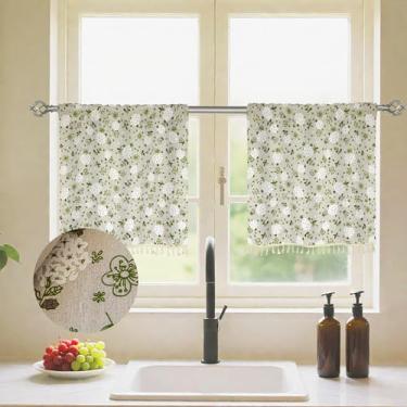 Imagem de ShfiYolx Cortinas Kitchen Cafe 61 cm de comprimento, meia cortina para janela curta, estampa floral e acabamento de borlas, design de bolso de haste pequena cortina para banheiro lavanderia RVs