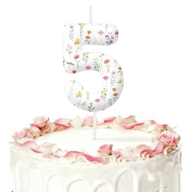 Imagem de Velas de aniversário de flores silvestres para bolo, velas número 5, decorações de aniversário, artigos de festa, topo de bolo de flores silvestres para decorações temáticas de festas para meninos e