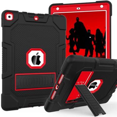 Imagem de TIMISM Capa para iPad 9ª geração, iPad 8ª/7ª geração, iPad 10.2 2021/2020/2019 com suporte, capa protetora de três camadas híbrida rígida à prova de choque resistente, preto + vermelho