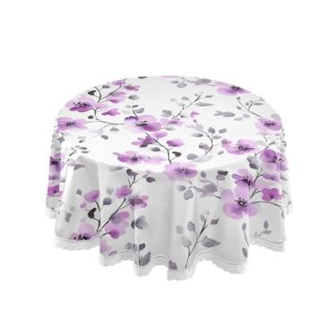 Imagem de SEHANY Elegante toalha de mesa redonda com flores roxas, 152 cm, tecido lavável sem rugas, toalha de mesa redonda com renda decorativa para restaurante, casamento, acampamento, festa Fiesta Cinco de