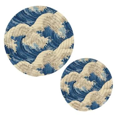 Imagem de Blueangle 2 peças de suporte de panela de trivet de ondas japonesas - conjunto de pegadores de panela de tecido redondo - almofadas quentes trançadas de algodão - porta-copos - tapetes de mesa para