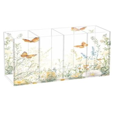 Imagem de SEHANY Porta-canetas de acrílico com flores de borboleta coloridas, 4 compartimentos, porta-lápis transparente, organizador de pincéis de maquiagem, organizador de papelaria para escritório, casa