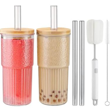 Imagem de ASANMEYO Conjunto de 2 peças de copos de vidro de 623 g - copos de vidro com tampas e canudos de bambu, copo de smoothie reutilizável fofo, copos de café gelado, copo de viagem para chá de bolhas