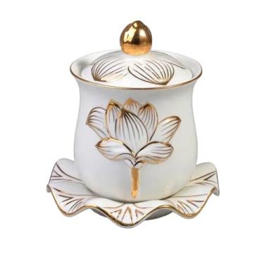 Imagem de FENNYYAR Copo de água benta de lótus de Buda de cerâmica, 10,2 cm, 10,2 cm, copo de água de Buda com oferta doméstica
