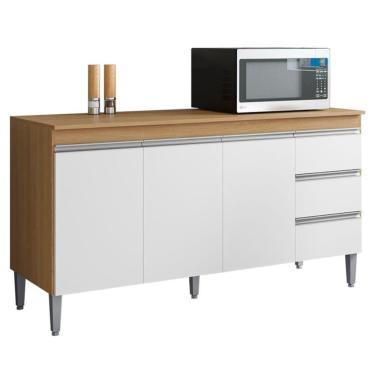 Imagem de Balcão De Cozinha Andréia 160cm 3 Portas 3 Gavetas Com Tampo Amêndoa/Branco