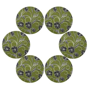 Imagem de Wassud Jogo americano conjunto de 6 tapetes redondos de flores pretas para cozinha e jantar tapetes laváveis resistentes ao calor para decoração de mesa 39 cm
