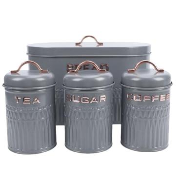 Imagem de TOPINCN Conjunto de Caixa e Vasilha para Pão, Organizador de Bancada de Cozinha de Ferro, 3 Vasilhas de Metal Etiquetadas e Grande Caixa de Pão para Armazenamento de Açúcar, chá e café (Cinza)