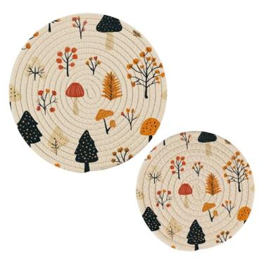 Imagem de Wassud Lindo conjunto de trivet de floresta de outono para pratos quentes, suportes redondos de algodão, almofadas quentes, porta-copos elegantes, decoração de cozinha e acessórios, 2 peças