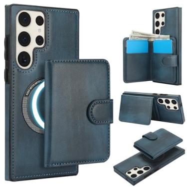 Imagem de Carteira para Samsung Galaxy S23 ultra destacável compatível com Magsafe capa de carregamento sem fio com suporte para cartão, compartimento para dinheiro, suporte 2 em 1 à prova de choque (azul)