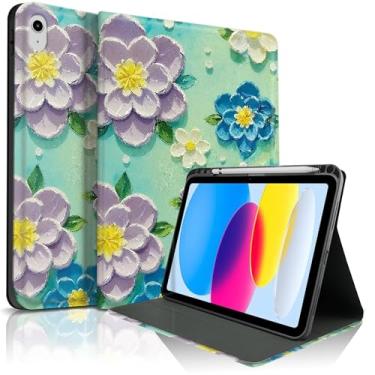 Imagem de Lyfatz Capa para iPad 11th (A16) 11 polegadas 2025/10ª geração 27.7 cm 2022, linda pintura a óleo retrô colorida estampa floral elegante design estético capa protetora com suporte para lápis - azul