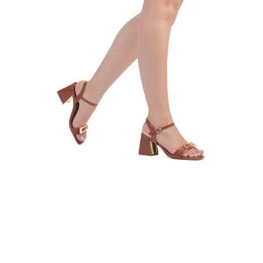 Imagem de Sandalia Bebecê Salto bloco Bico Redondo Tira com Enfeite, Marrom, 37