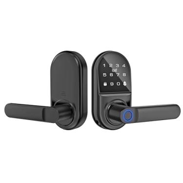 Imagem de FixtureDisplays Fechadura de porta de teclado inteligente com alça, fechadura eletrônica de entrada sem chave 5 em 1 com controle de aplicativo, botão de código eletrônico, fácil instalação 16155-FBA