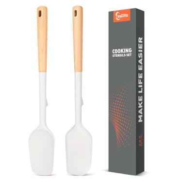 Imagem de Espátula grande de silicone com cabo longo de madeira, resistente ao calor 315 °C, durável, ferramentas essenciais de cozimento para misturar, dobrar, raspar, espalhar para panelas antiaderentes