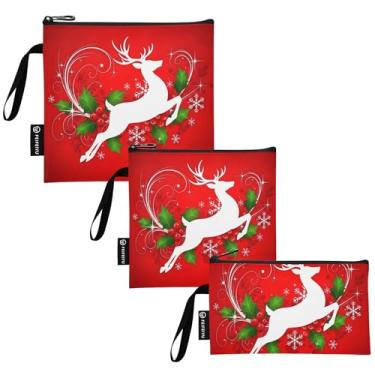 Imagem de TSENQUE Sacos de sanduíche reutilizáveis de Natal com rena vermelha e azevinho, sacos de comida de tecido lavável com zíper para escola, piquenique, trabalho, viagem (pacote com 3: P/M/G)