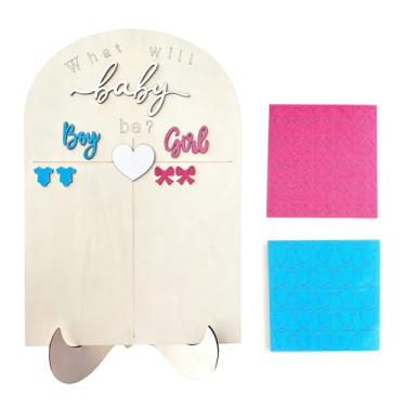 Imagem de Tabuleiro de revelação de gênero de bebê de madeira com suporte, conjunto de jogo de votação de menino ou menina, quadro de exibição de 43 x 30 cm, 50 ícones de adivinhação azuis e rosa, decoração de