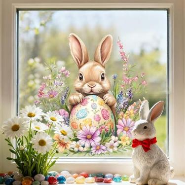 Imagem de Adesivos de janela de Páscoa com 2 folhas - Adesivos estáticos de dupla face para janela de ovo de coelho removível de vidro com desenho animado de coelho, primavera, festas, decoração para casa, sala