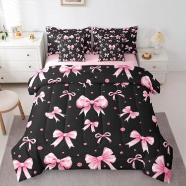 Imagem de Erosebridal Conjunto de edredom Queen com laço rosa e preto | Jogo de cama fofo com laço de fita de coquete, 7 peças para meninas e crianças, lençol de cima, lençol de cima, com laço kawaii feminino