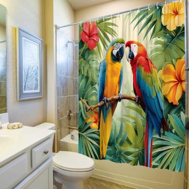 Imagem de Cortina de chuveiro papagaio lindos pássaros primavera tropical verde folhas de palmeira flor floral verão aquarela planta conjunto acessórios de banheiro poliéster com gancho 1778x170 cm A