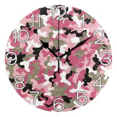 Imagem de GAIGEO Relógio de parede analógico decorativo redondo sem tique-taque silencioso relógio de cozinha fofo, arte de parede moderna legal decoração de casa camuflagem rosa, 25 cm, ponteiros pretos