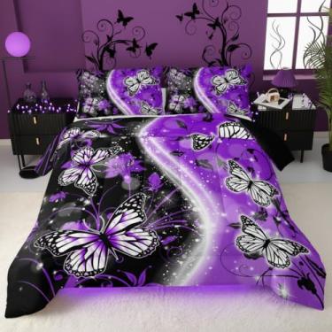 Imagem de QOOMO Jogo de cama solteiro com estampa de borboleta, flores roxas, para decoração de quarto de meninos e meninas, preto e leve, 1 edredom e 2 fronhas