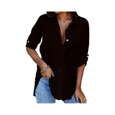 Imagem de Camisa lisa manga longa para mulheres, Plus Size, Turn Down Collar, Bu