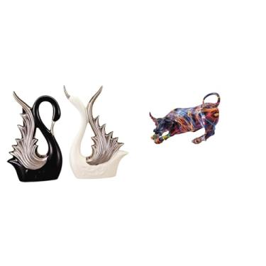 Imagem de Whtkoph Elegante Coleção de Esculturas em Resina Cerâmica Representando Um Touro E Um Cisne, Ideais para Decorar Prateleiras, Mesas E Lareiras de Salas de Est