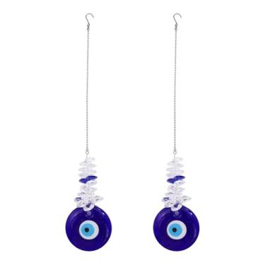 Imagem de GLOBLELAND 2 peças de enfeite de vidro azul olho turco para pendurar em carro, pingentes de olho de lágrima mau, pingentes planos, redondos, contas de olho turco, decoração de pendurar para decoração