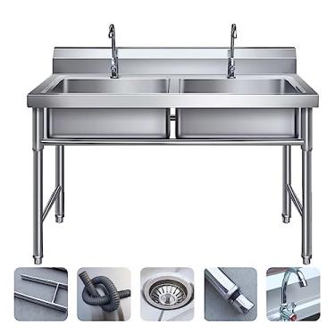 Imagem de Pia de aço inoxidável de cozinha independente, pia comercial/industrial com 2 compartimentos, pias utilitárias de aço inoxidável, com kit de drenagem, para restaurante, lavanderia (120 x 60 x 80 cm)