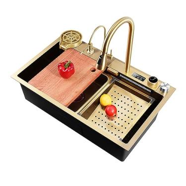 Imagem de Pia de cozinha de aço inoxidável 304, pia de cachoeira nano digital, com torneira de puxar para chuva voadora, arruela de copo pressurizada, bacia única para estação de trabalho (68 cm/26,7 pol