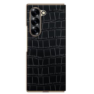 Imagem de Generisch Capa de couro genuíno para Samsung Galaxy Z Fold 6, capa fina de negócios de luxo com padrão de crocodilo e capa flip galvanizada com fecho magnético