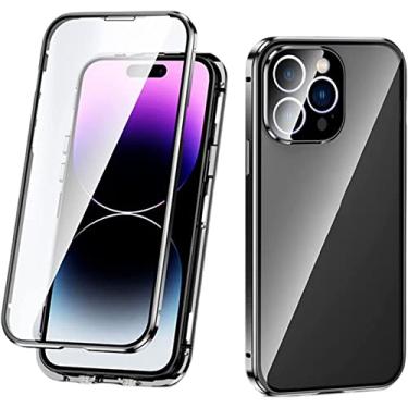 Imagem de VEVEL Capa magnética para iPhone 14 Pro Max, capa de telefone de vidro temperado dupla face com protetor de câmera e trava de segurança, capa protetora completa 360 para iPhone 14 Pro Max 2022 (Cor: Preto)