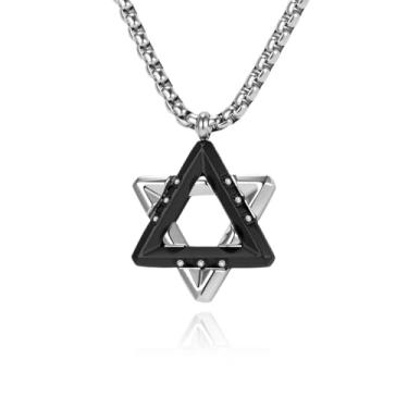 Imagem de Colar com pingente de estrela de Davi, design de dois tons com zircão, corrente de aço inoxidável de 61 cm, 60cm, Aço inoxidável, Sem Pedra Preciosa