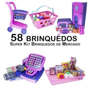 Imagem de kit Infantil Mercado Caixa Carrinho Microondas Cestinha 58pç - CLICKCO