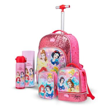 Imagem de Kit Escolar Princesas Clássicas Mochila Rodinha Lancheira Térmica Estojo Duplo Garrafa 480ml Disney-Feminino