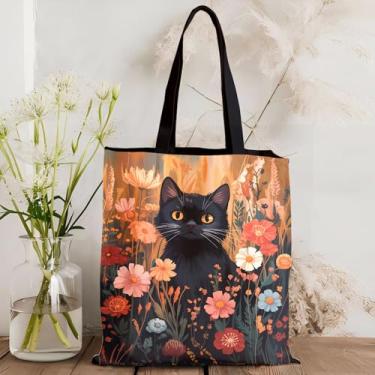 Imagem de Bolsa feminina de lona com flores silvestres para gatos, floral, reutilizável, para compras, trabalho, viagem, academia