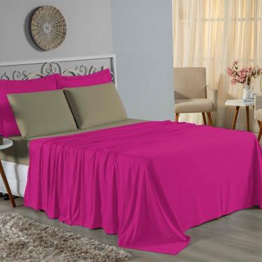 Imagem de Jogo De Cama Casal Nobre 4 Peças Lençol Com Elástico De 30cm De Altura Malha 100% Algodão - Pink / Avelã