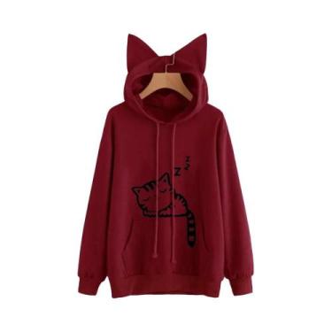 Imagem de Moletom Feminino De Manga Longa Com Estampa De Gato Fofo, Bolso Cangur