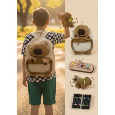 Imagem de Kit Capivara Escolar Completo  Mochila Pelúcia + Estojo + Canetinhas -
