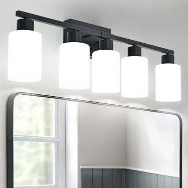 Imagem de BESTWEST Luminária moderna de 5 luzes sobre o espelho, luminárias pretas para banheiro, arandelas de parede com persianas de vidro fosco branco leitoso, soquete E26 (lâmpadas não incluídas) (preto, 5